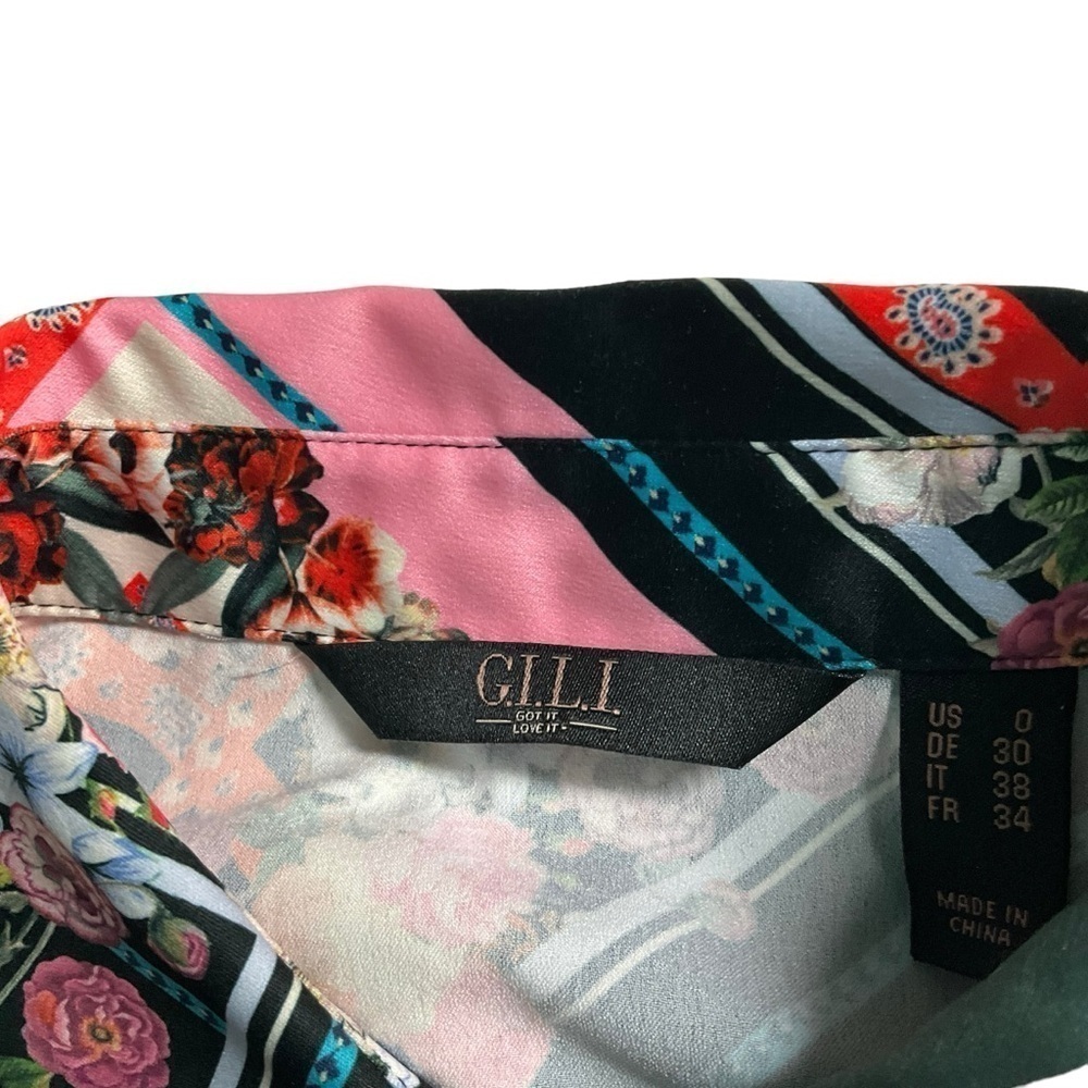 G.I.L.I. Asymmetrical Shirt Dress Print Size 0 Artsy Boho Flounce Sleeve - Picture 7 of 8